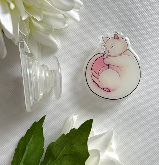Cute Sleeping White Cat Acrylic Phone Grip