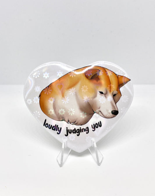 Judging Shiba Inu Heart-Shaped Tinplate Badge